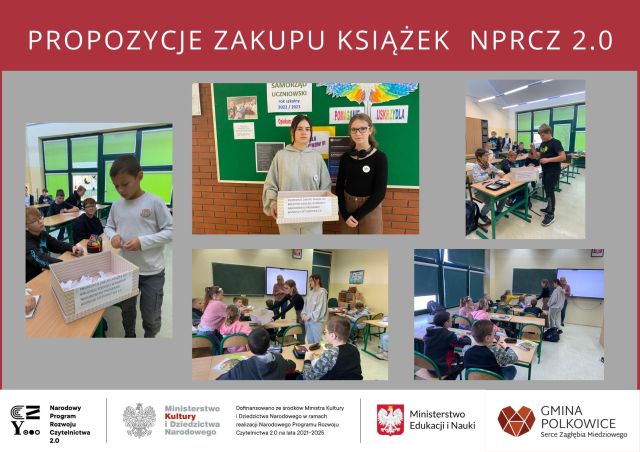 Kolaż zdjęć na górze przy tablicy stoją dwie uczennice z pudełkiem na kartki z propozycjami książek po lewej i prawej stronie oraz na dole grafiki zdjęcia klas, w których uczniowie rzucają karteczki do pudełka