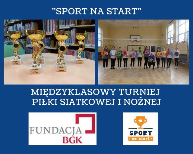 kolaż zdjęć u góry od lewej puchary z napisem sport na start po prawej uczennice z nauczycielem z napisem sport na start na dole logo fundacji BGK i programu