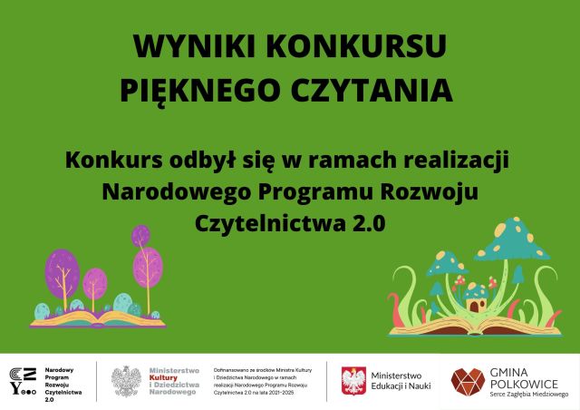 grafika z napisem wyniki konkursu pięknego czytania poniżej informacja że konkurs odbył się w ramach programu u dołu logo programu patroni programu