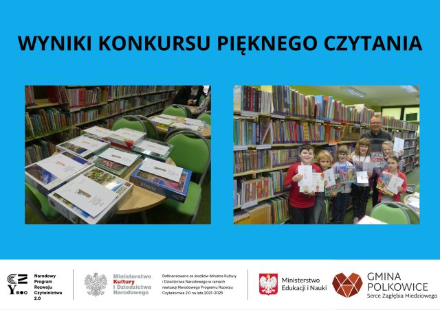 kolaz zdjęć od lewej w bibliotece na stole nagrody i dyplomy po prawej dzieci z jurorem na dole loga patronów programu