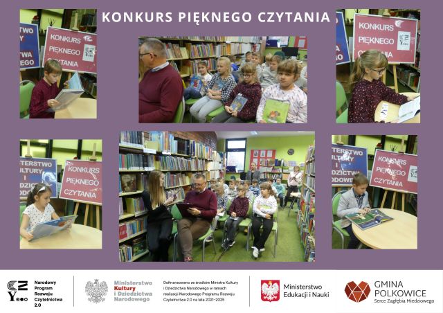 kolaż zdjęć dzieci i jurorzy siedzą w rzędach w bibliotece szkolnej przy stoliku dziecko czyta książkę