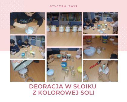 kolaż zdjęć uczniowie barwią kolorową kredą sól przesypują warstwowo do słoiczków