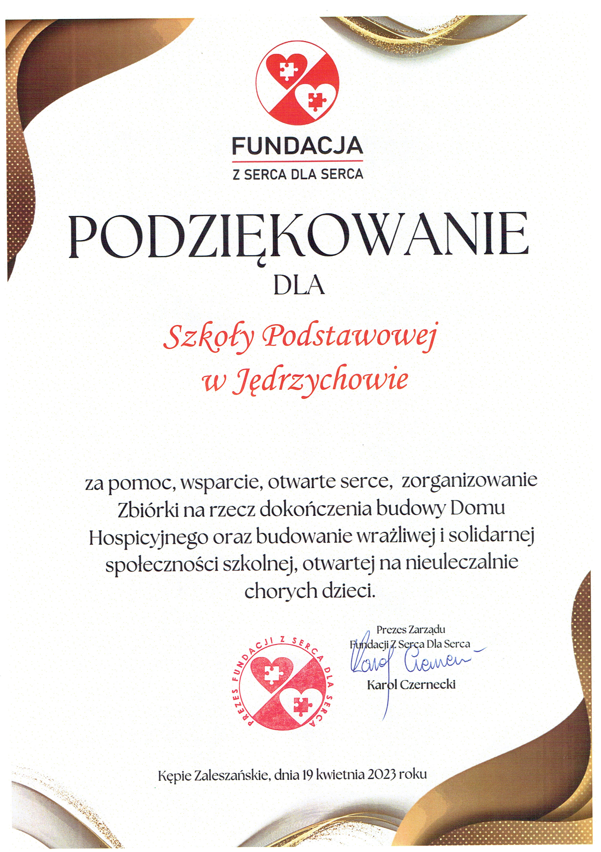 Podziękowania dla Szkoły od fundacji z serca dla serca