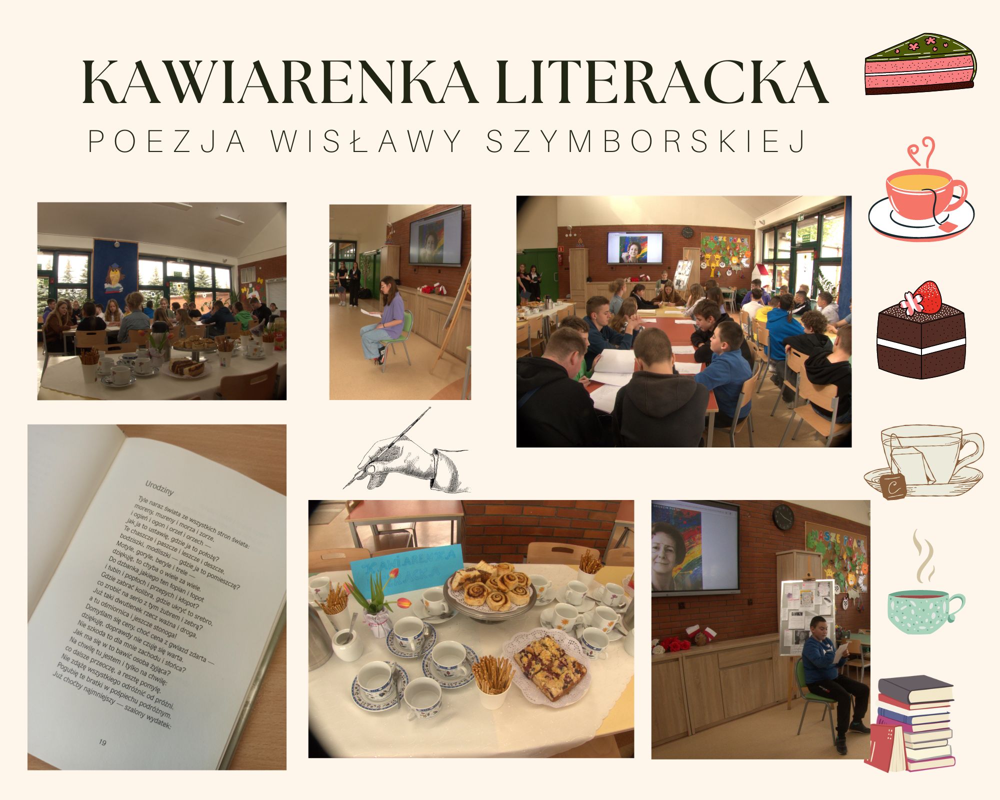 Kolaż zdjęć kawiarenki literackiej w szkolnej świetlicy