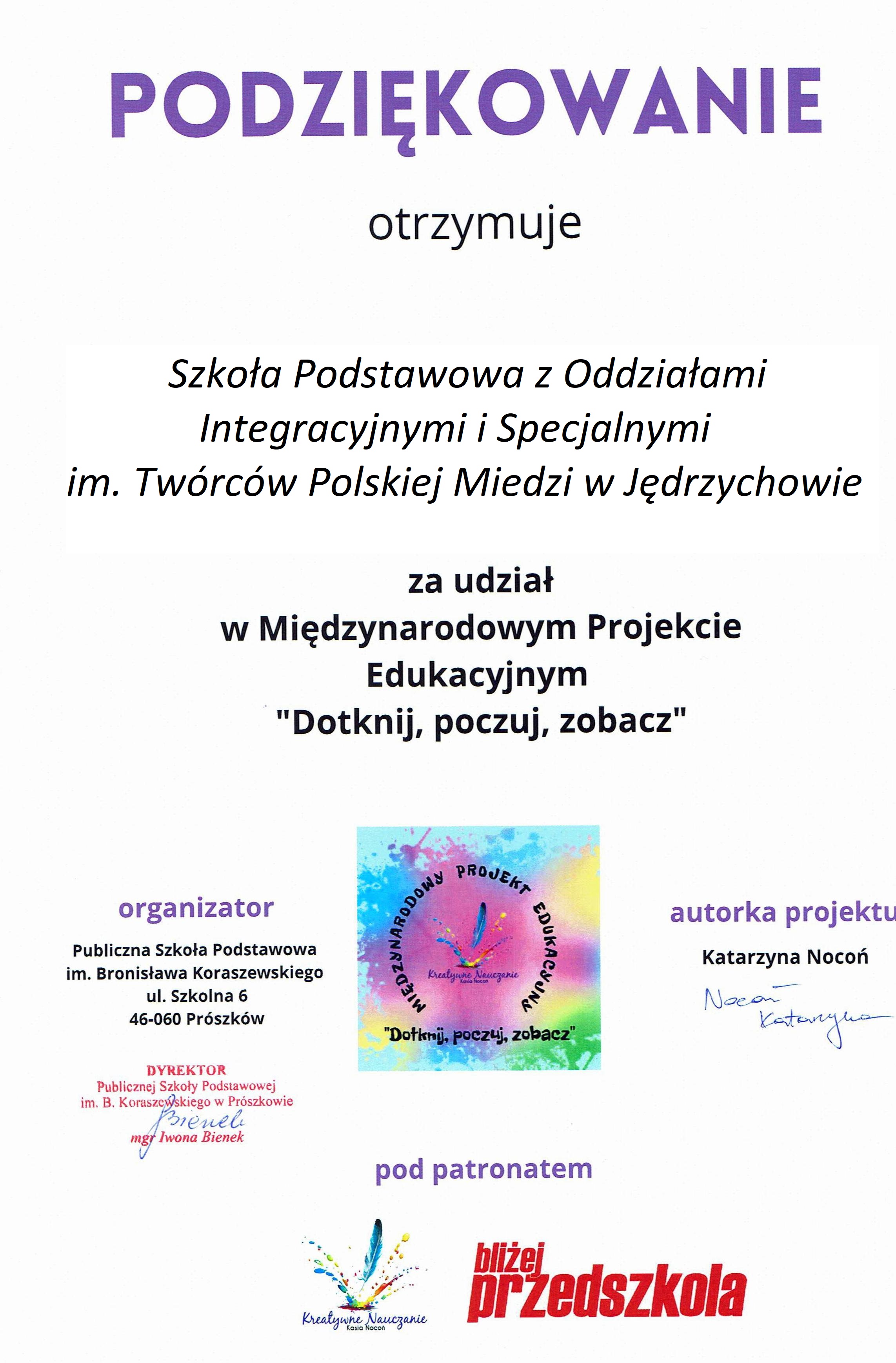 Podziękowanie dla szkoły za udział w projekcie