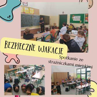 kolaż zdjęć uczniowie podczas zajęć z pracownikami straży miejskiej