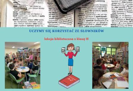 Kolaż zdjęć uczniowie podczas zajęć w bibliotece