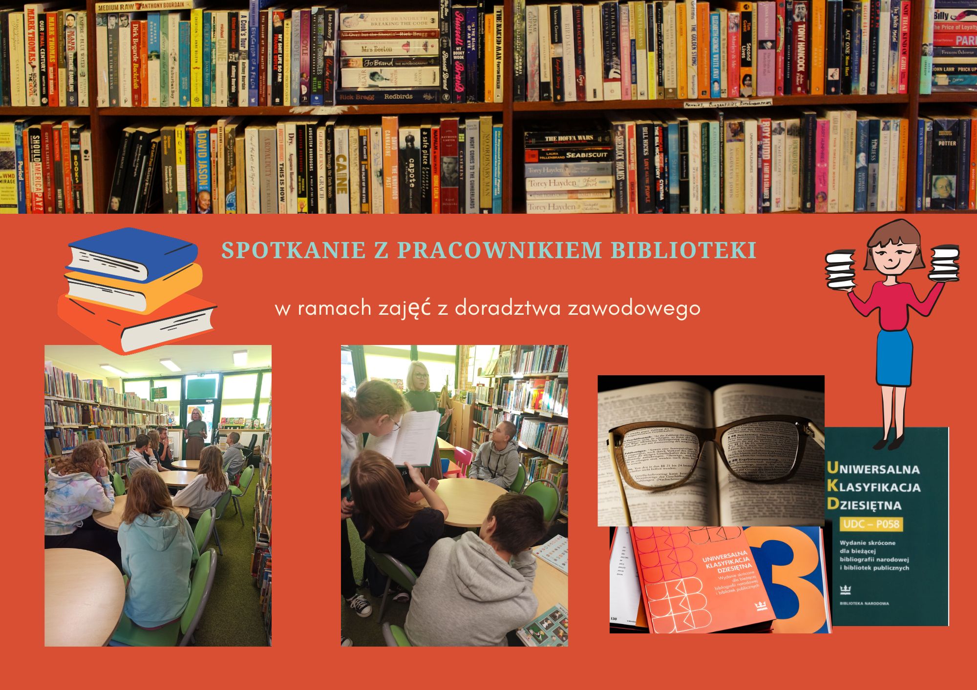 Kolaż zdjęć uczniowie w podczas zajęć w bibliotece