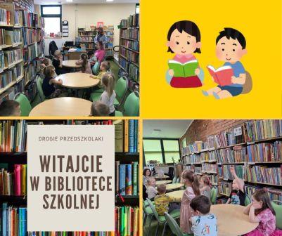 Kolaż zdjęć przedszkolaki w szkolnej bibliotece