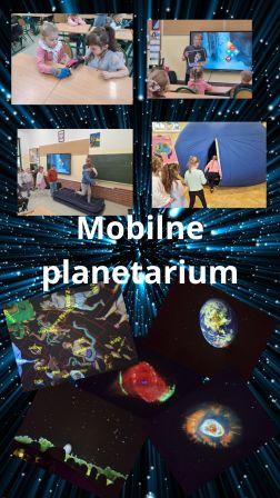 Kolaż zdjęć z zajęć w mobilnym planetarium