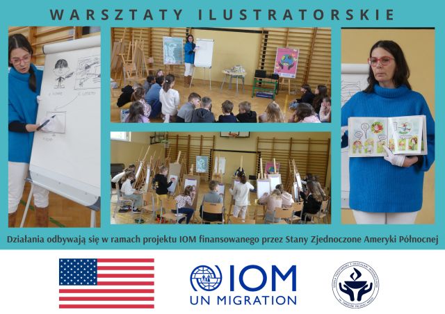 kolaż zdjęć uczniów i ilustratorki książek dla dzieci