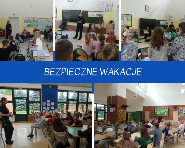 kolaż zdjęć uczniów na spotkaniu z funkcjonariuszką straży miejskiej