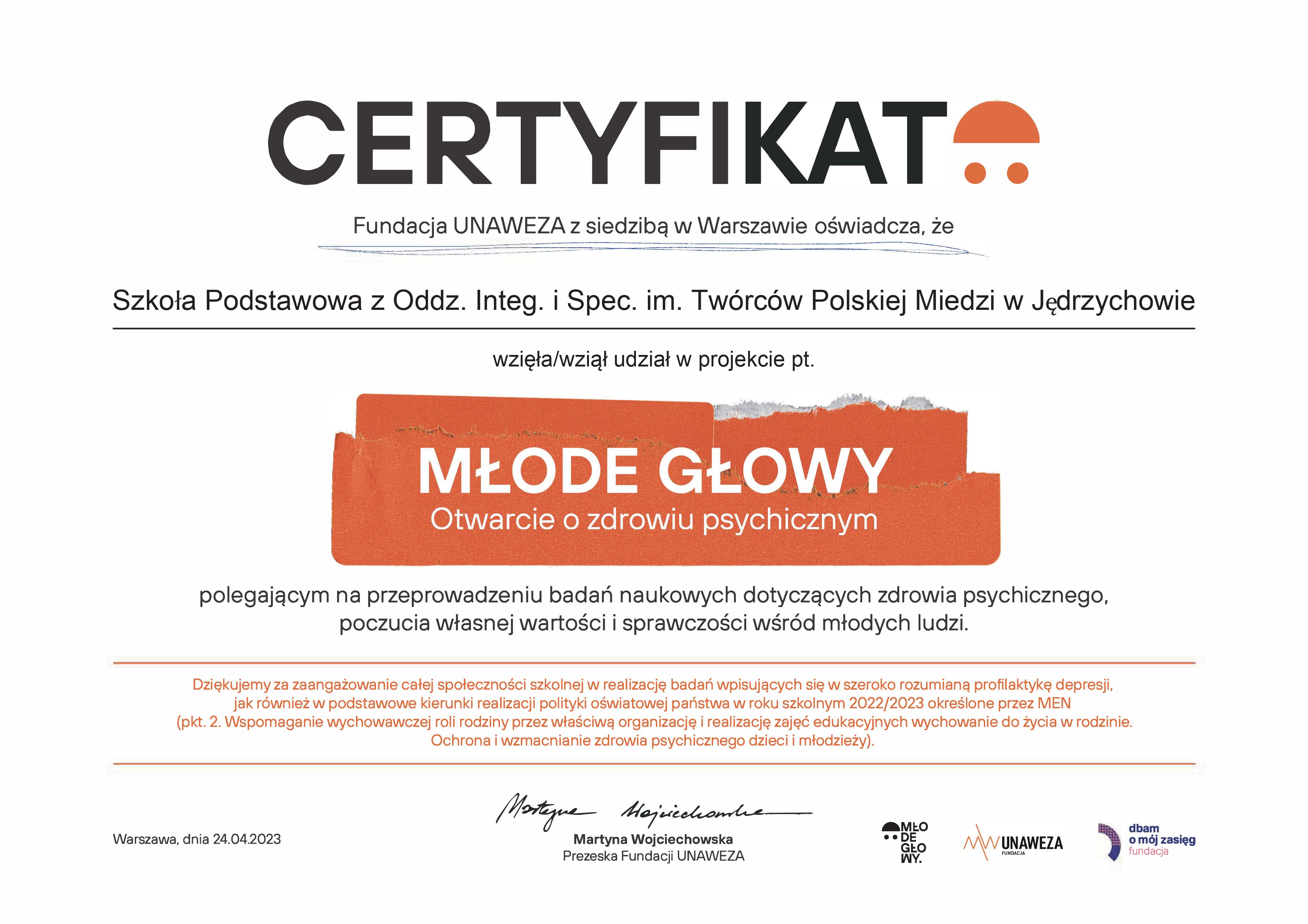 Certyfikat uczestnictwa w programie Młode głowy- otwarcie o zdrowiu psychicznym