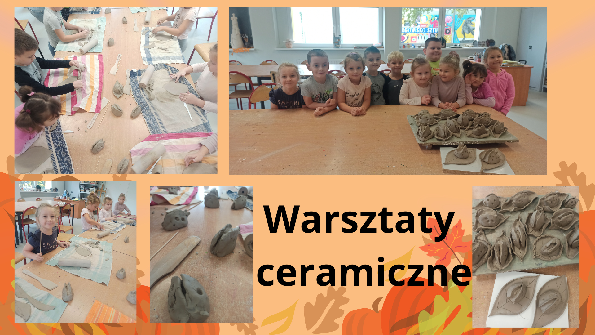 Kolaż zdjęć uczniowie podczas warsztatów ceramicznych