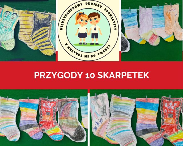 kolaż zdjęć na górze na środku logo na pozostałych zdjęciach prace dzieci kolorowe skarpetki