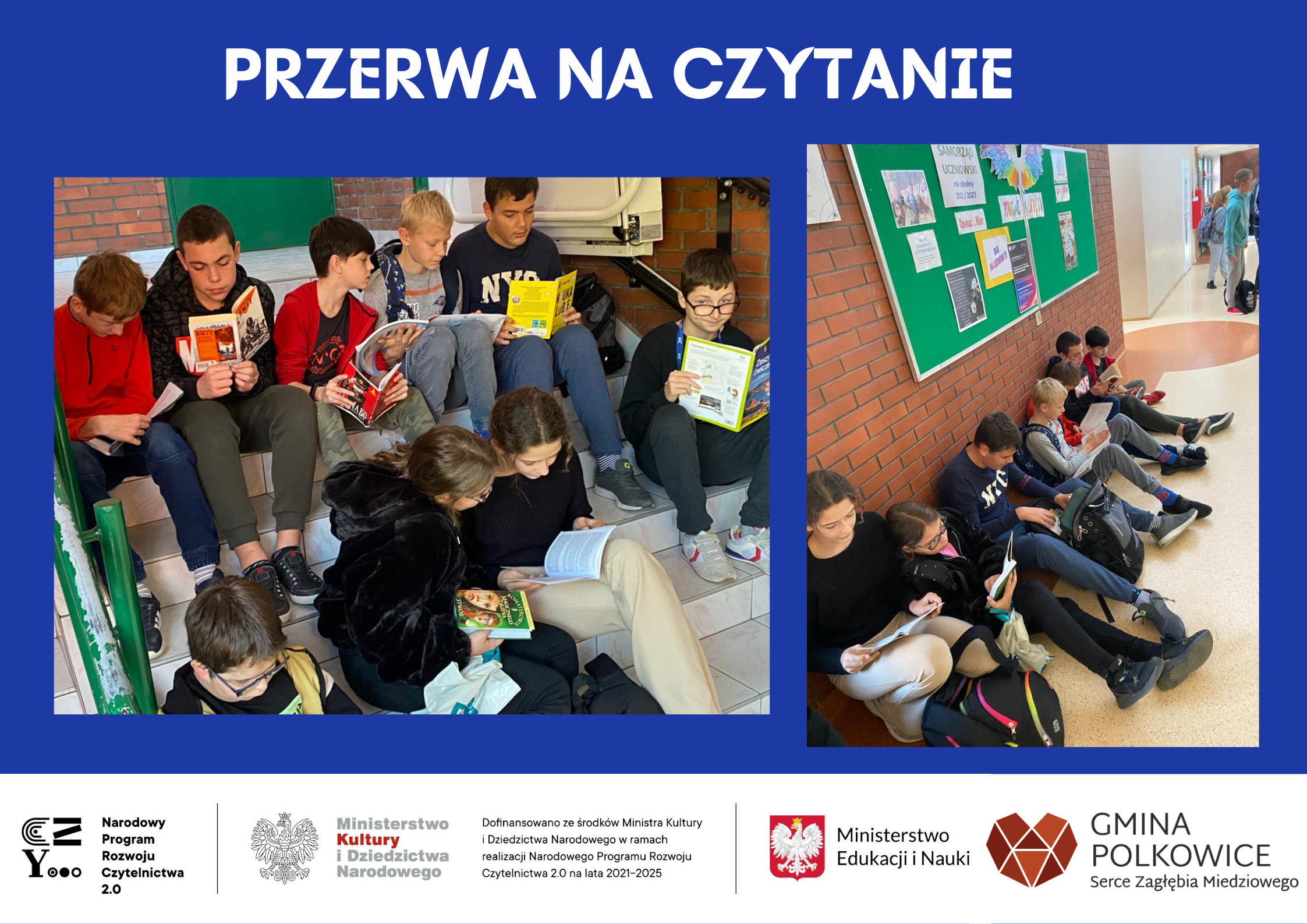 kolaż zdjęć uczniowie siedzą na korytarzu i czytają książki 