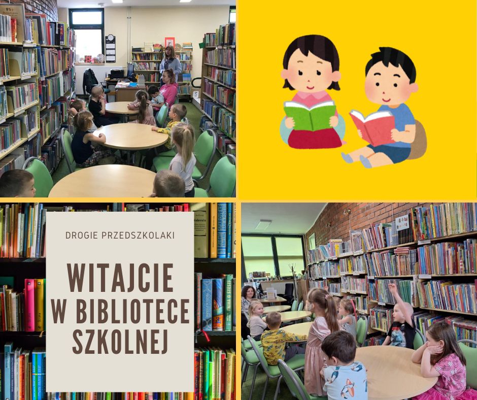 Kolaż zdjęć przedszkolaki w szkolnej bibliotece