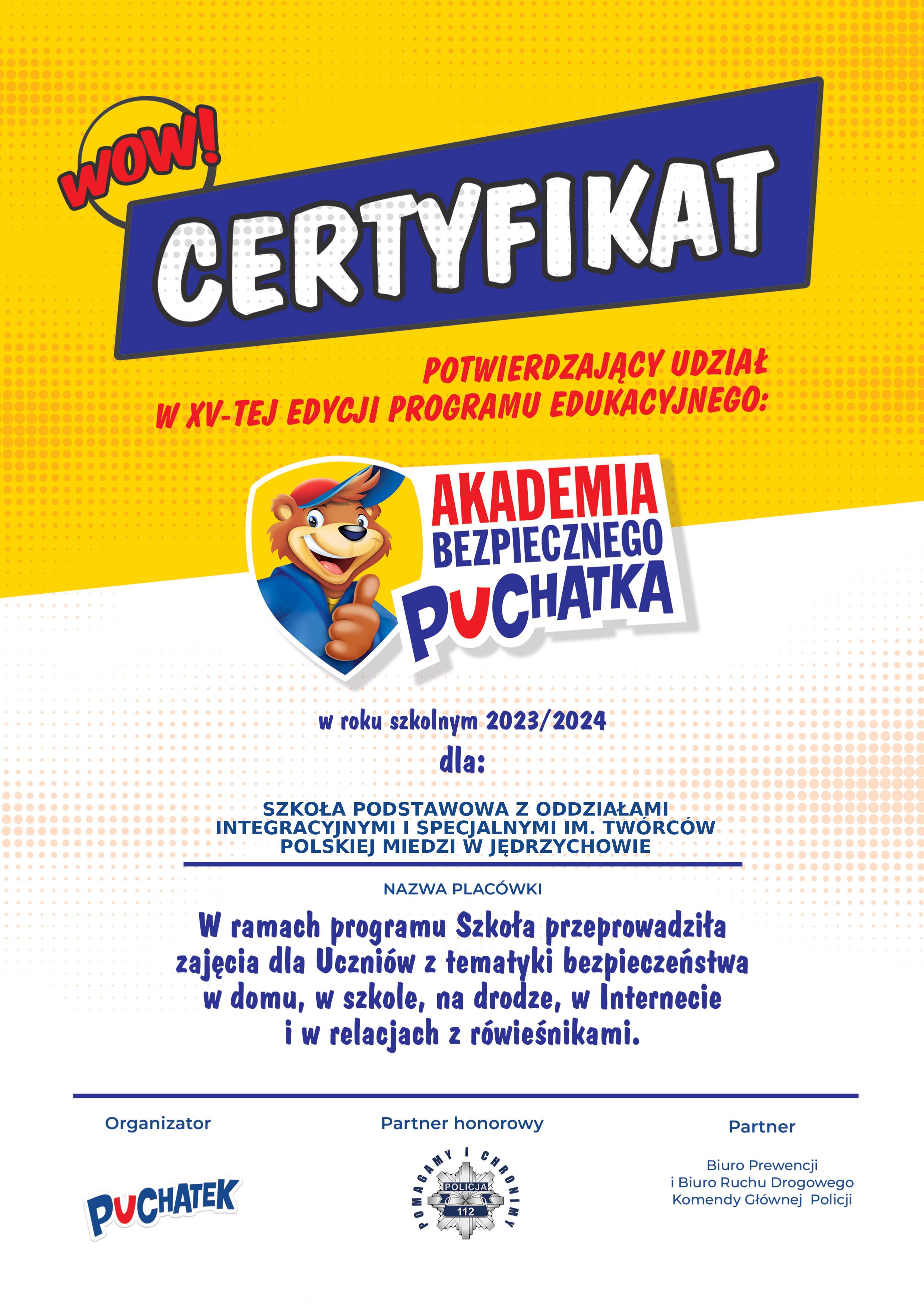 Certyfikat Akademii Bezpiecznego Puchatka