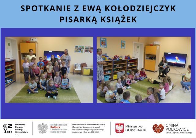 przedszkolaki z pisarką książek dla dzieci i wychowawczyniami