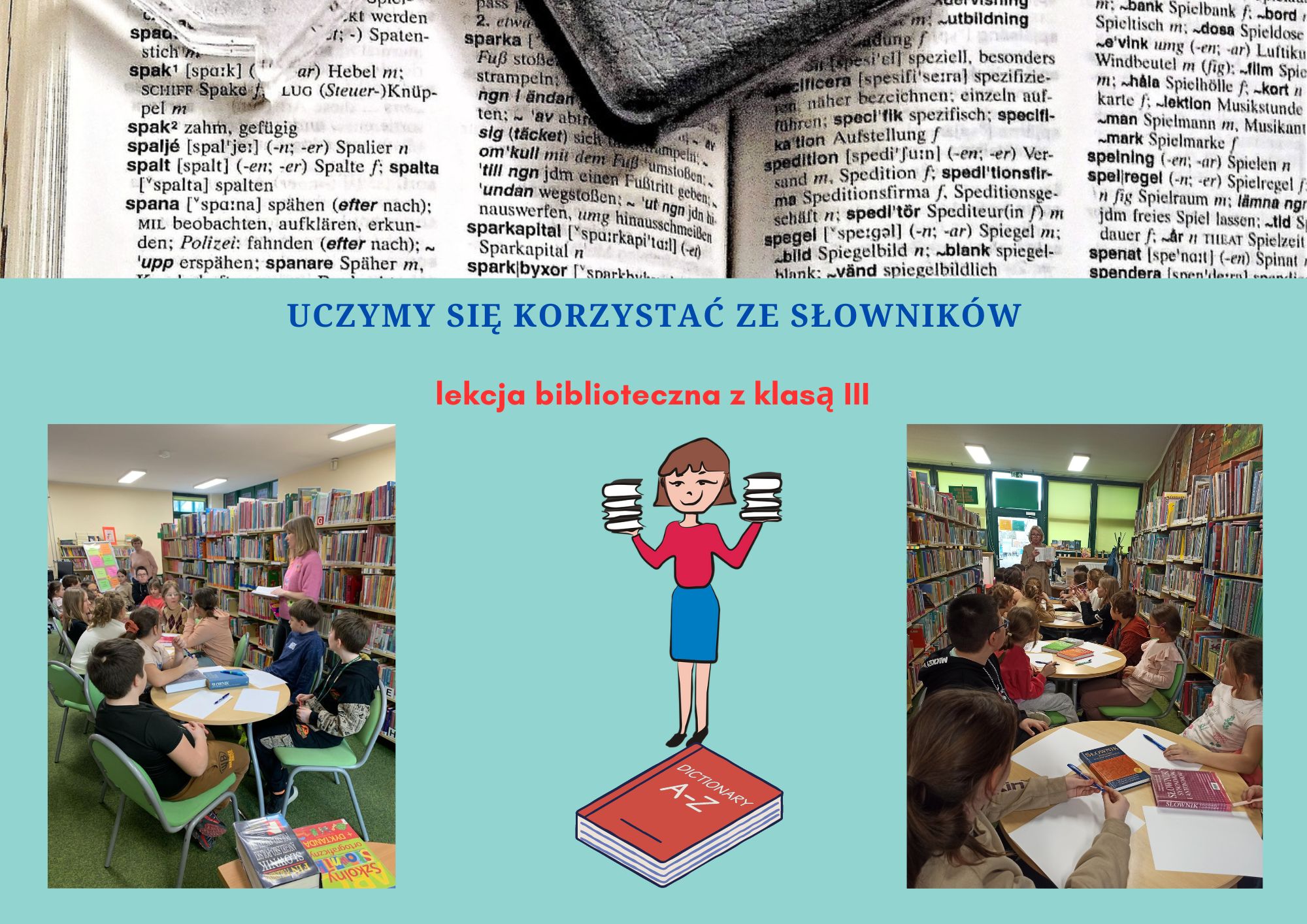 Kolaż zdjęć uczniowie podczas zajęć w bibliotece