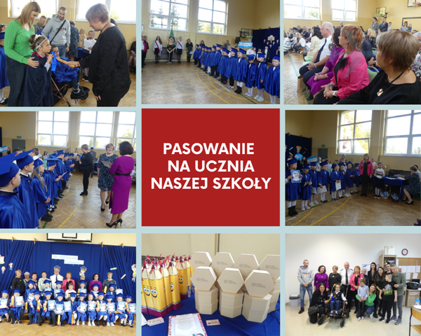 kolaż zdjęć uczniów podczas pasowania na ucznia