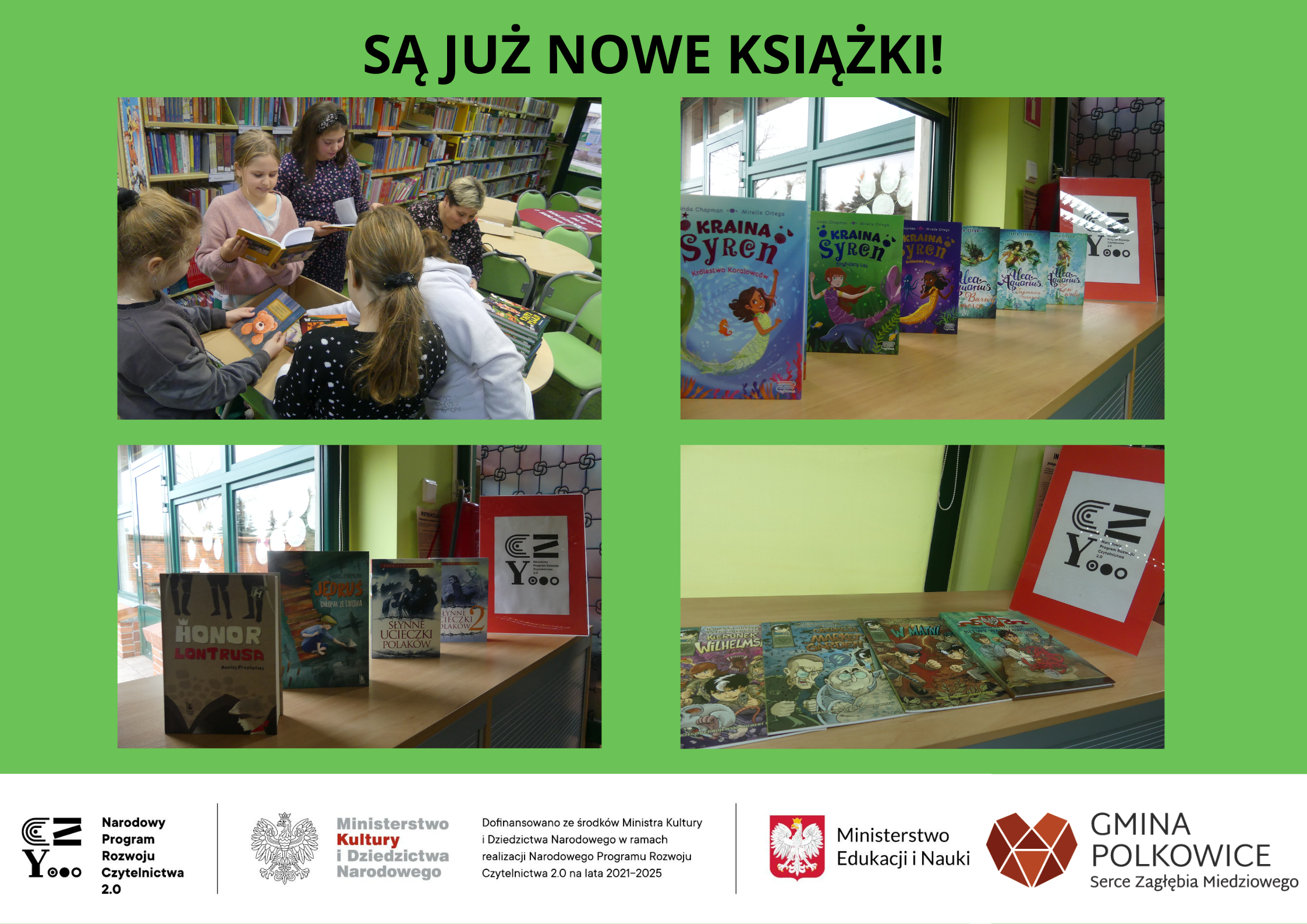 kolaż zdjęć uczniowie w bibliotece szkolnej przeglądają nowe książki wystawa nowych książek zakupionych w projekcie