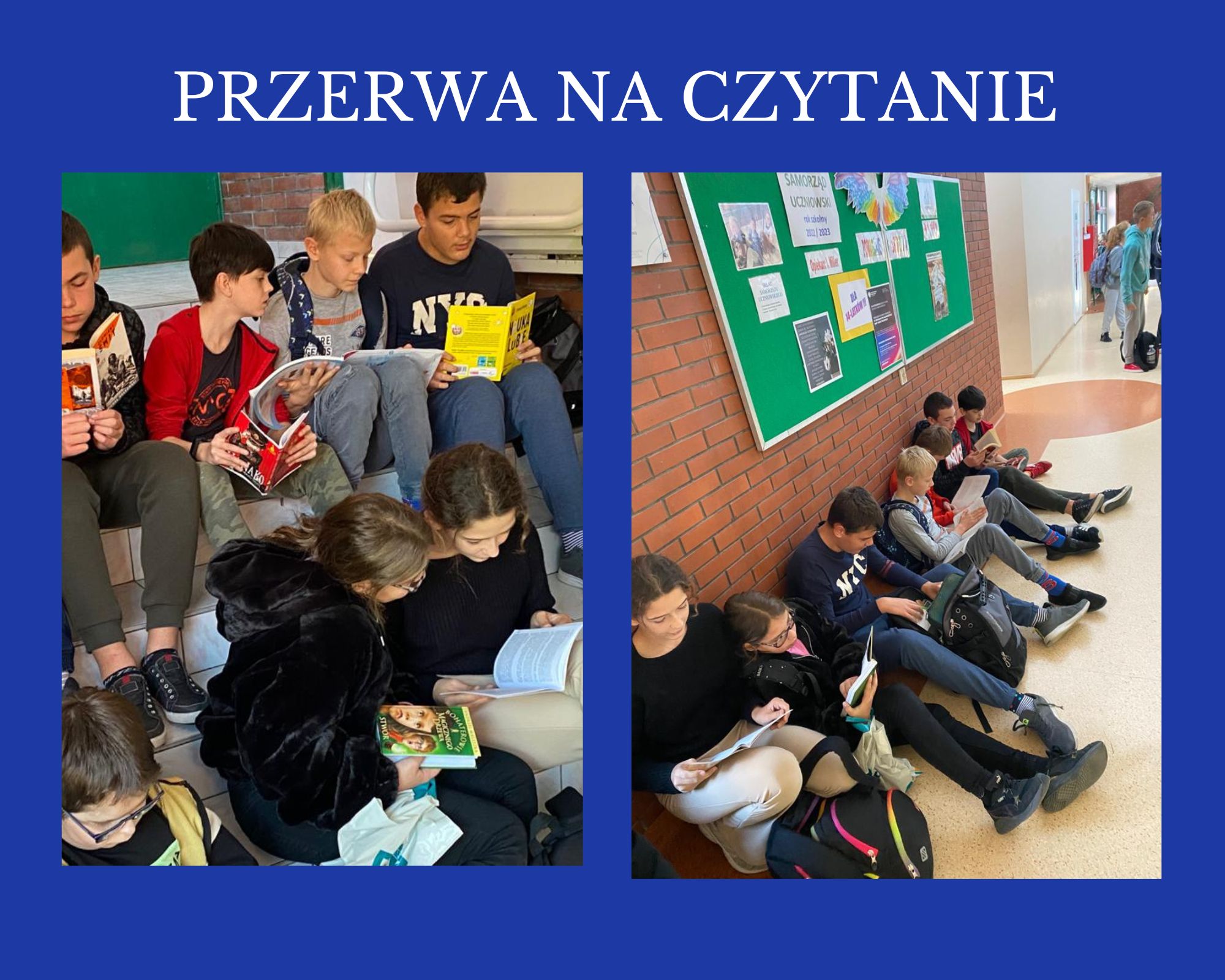 kolaż zdjęć uczniowie siedzą na korytarzu i czytają książki 